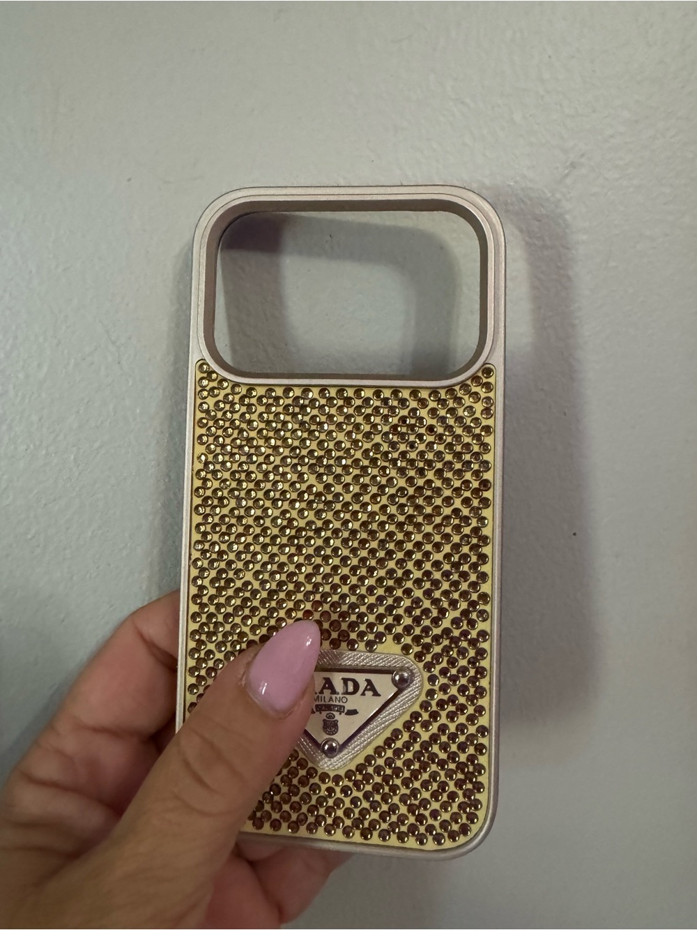 Prada Gold Crystal Studded Phone Case with Cream Trim for iPhone 17 pro